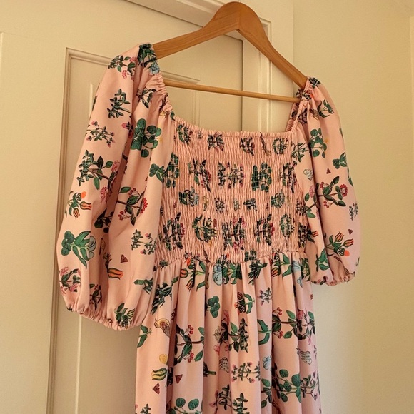 Pink and green botanical puff sleeve midi - Picture 4 of 8